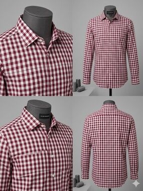 Calibrate Trim Fit Red White Gingham Non Iron Dress Shirt 16.5 32/33